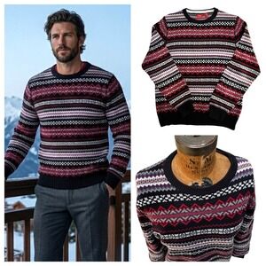 Fair Isle Sweater Red Black Cotton Men Knit Sz M Heritage Rustic Cabin Nordic